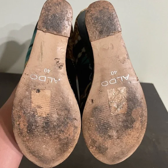 ALDO Platform peep-toe Retro Y2K leopard & gold chain print satin feel size 9 - Picture 9 of 14